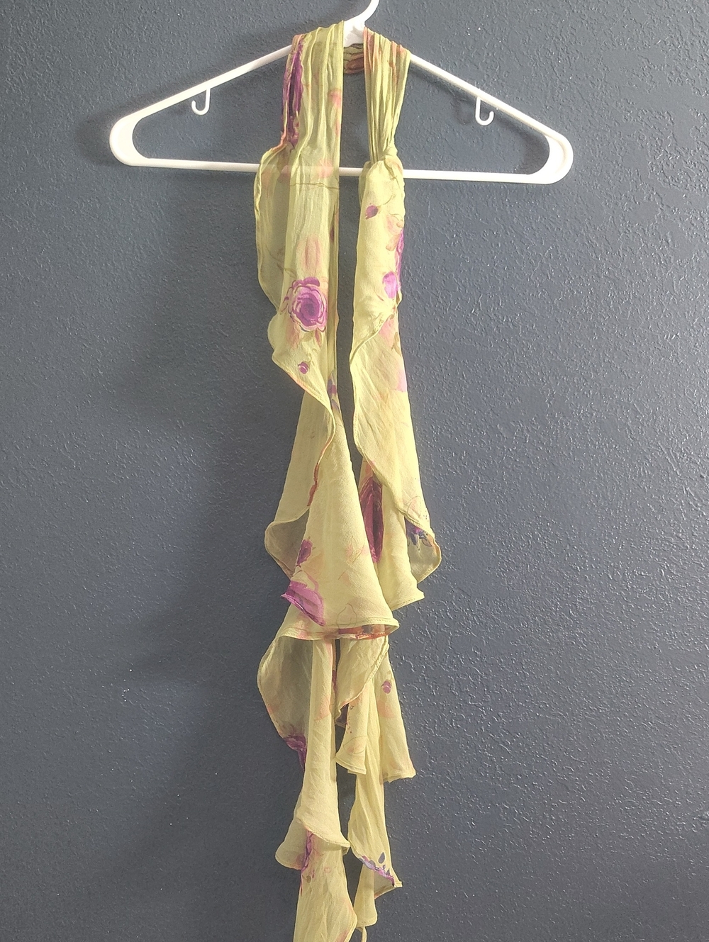 Elizabeth Gillett NYC Silk Skinny Y2k Sage Green Floral Rolled Hem Scarf
